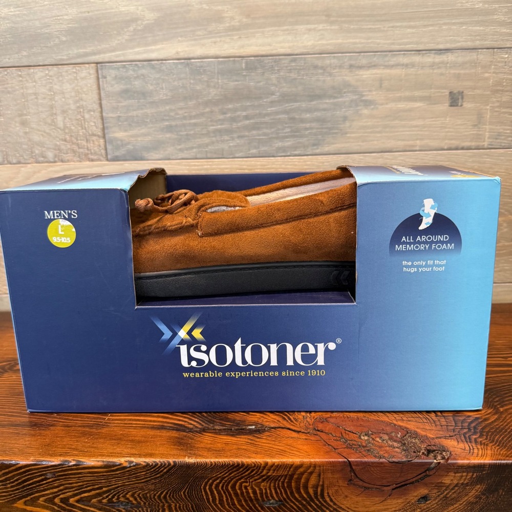 Isotoner Mens Moccasin Slippers Tan Memory Foam Comfort Size L 9.5-10.5 New